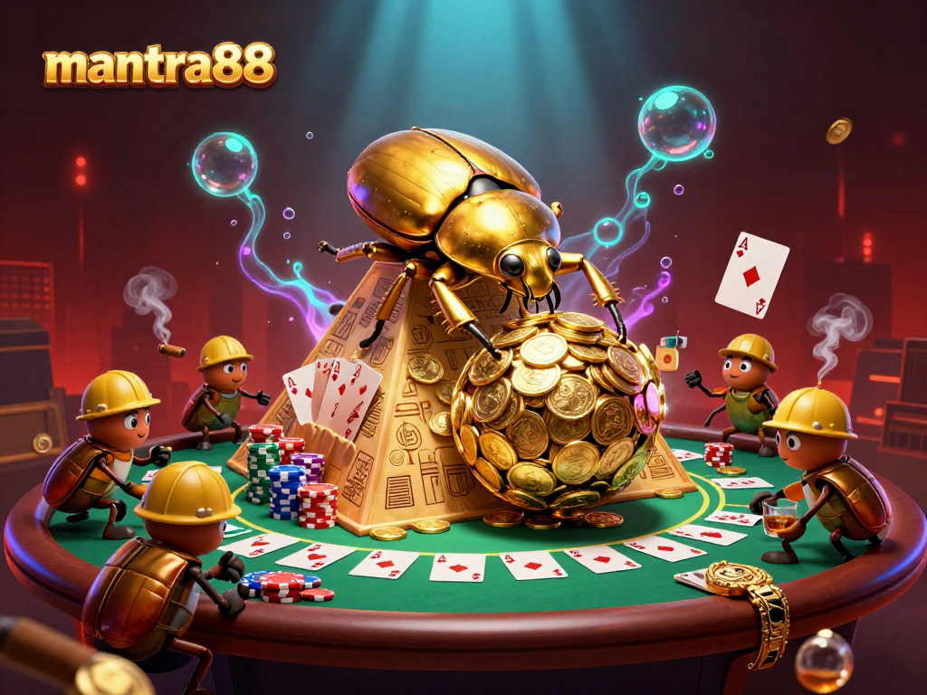 Experience the thrill at mantra88 with golden beetles rolling coins up a casino pyramid, surrounded by poker elements.