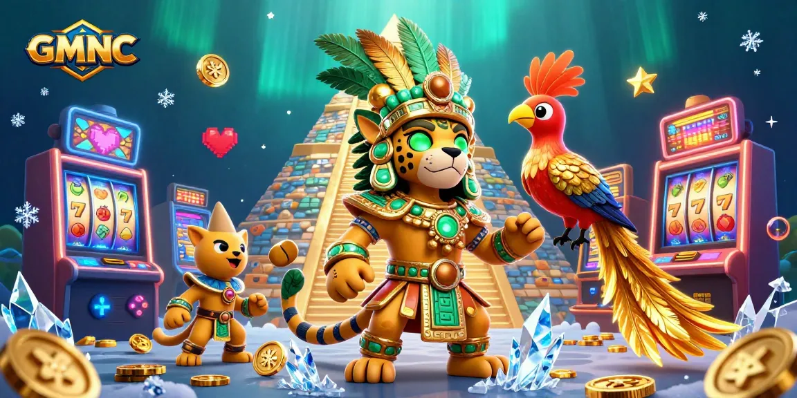 Spin to win at GMNC with a vibrant 3D illustration of a Mayan jaguar priest and slot machines.