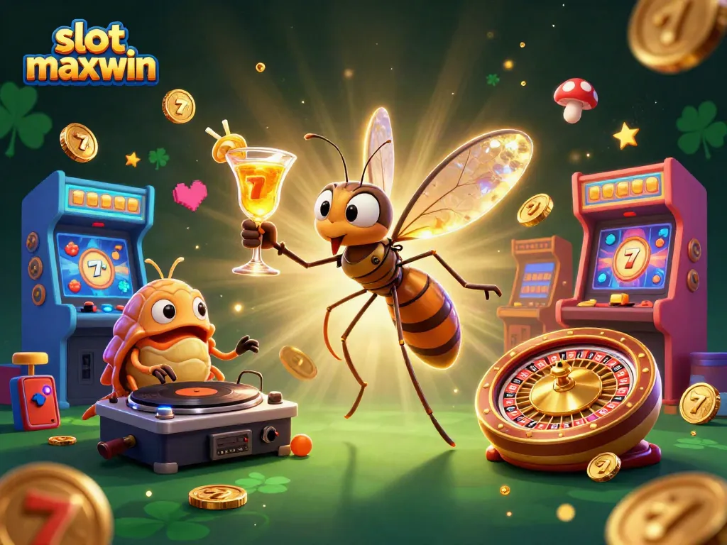 Experience excitement with slot maxwin in a vibrant casino scene featuring playful characters.