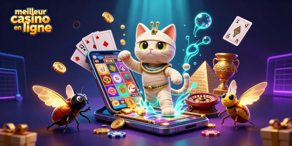 Connaître le meilleur casino en ligne grâce à l'illustration mettant en scène un chat momie égyptien et des éléments de jeux