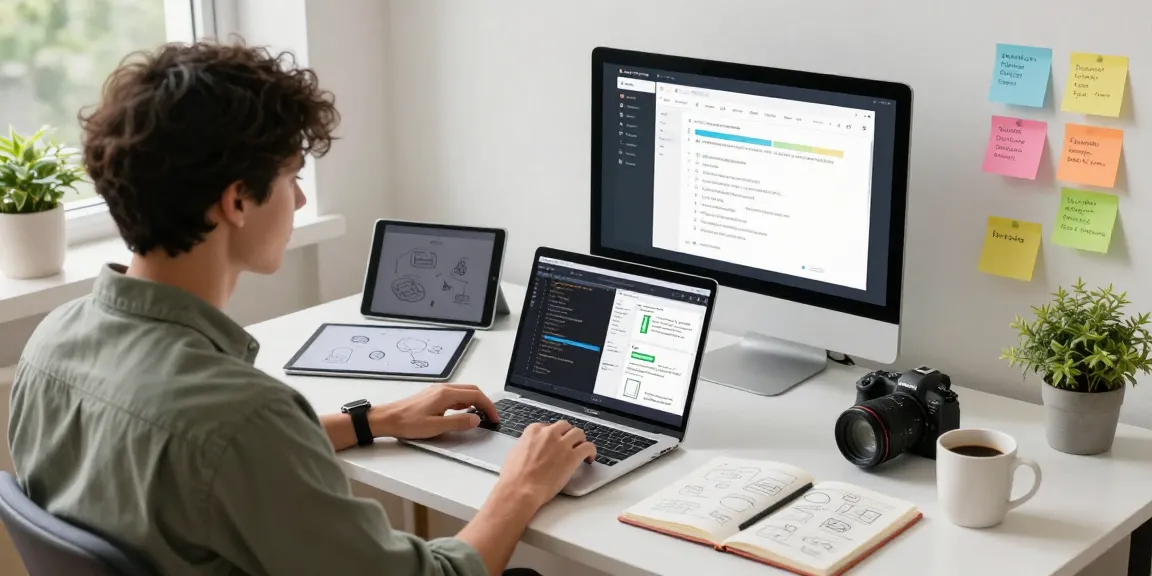 Build internal tools with AI in a modern home office workspace, featuring coding and user-friendly interface design.