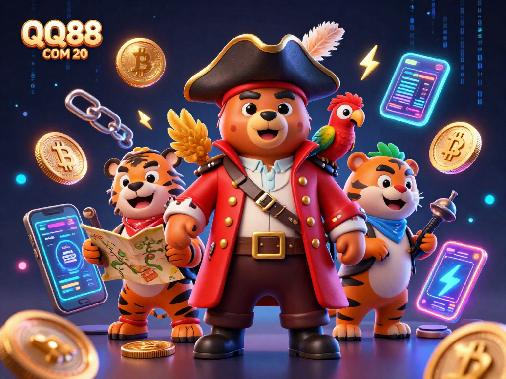 Engage with the thrilling world of QQ88 COM 20 featuring 3D cartoon pirate bear and tiger in a colorful treasure scene.