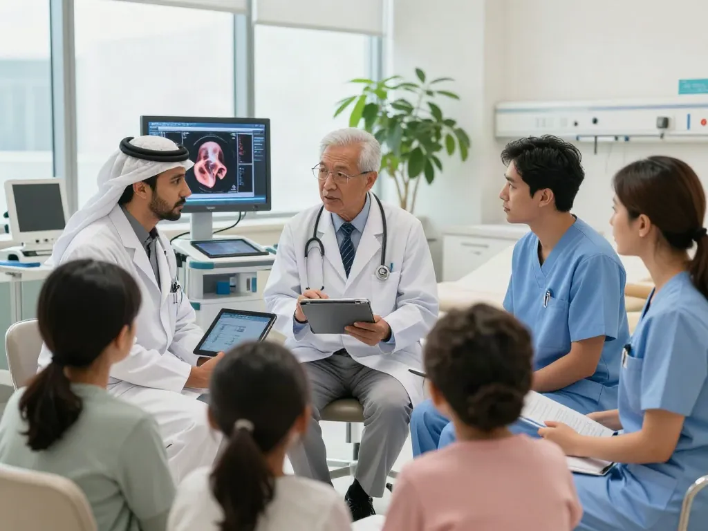 Esophageal cancer treatment in Abu Dhabi with a multidisciplinary healthcare team discussing patient care in a modern hospital.
