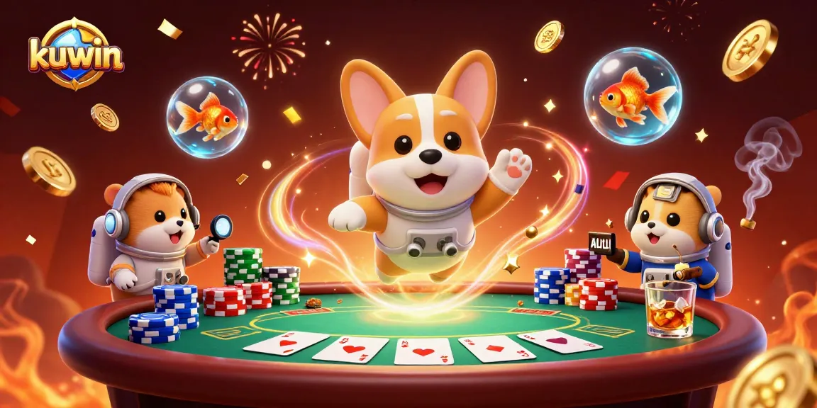Kuwin's immersive casino adventure in space with a floating dog, hamster, and goldfish in zero gravity.