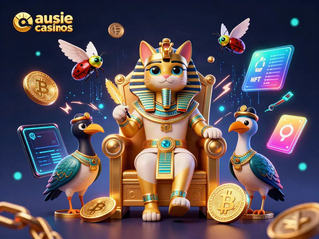 Engaging illustration of aussie casinos featuring a pharaoh cat and crypto coins in a vibrant casino scene.