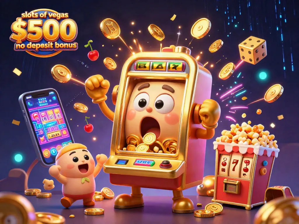 Experience the excitement of the slots of vegas $500 no deposit bonus as animated slot machines celebrate a jackpot win.