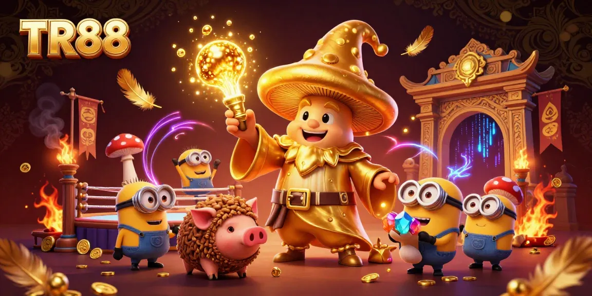 Play thrilling games at TR88, featuring a magical golden mushroom wizard in a vibrant casino.