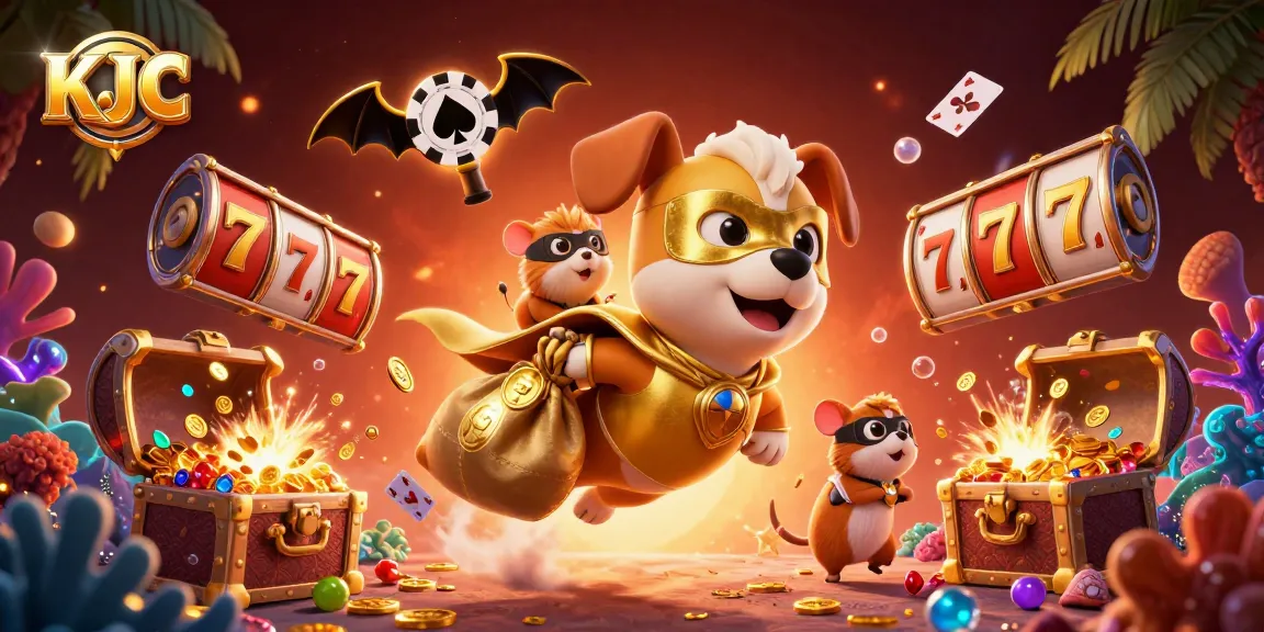 Engage with KJC's thrilling gaming world featuring a cartoon superhero dog and slot elements.