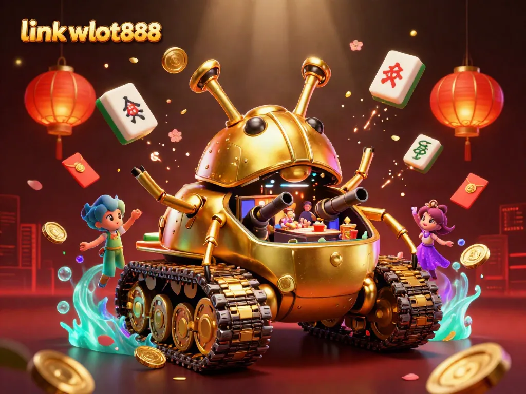 Memperkenalkan link wslot888, kasino mini berbentuk tank keemasan dengan elemen permainan, penuh warna dan keceriaan.