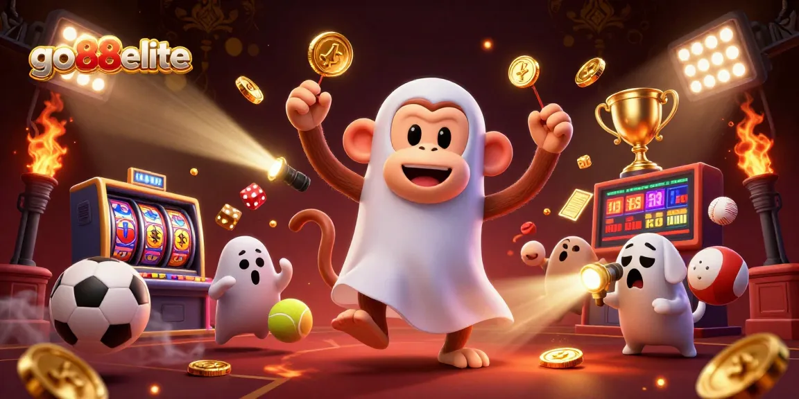 Explore the excitement of go88elite with the playful poltergeist monkey juggling golden coins in a lively casino scene.