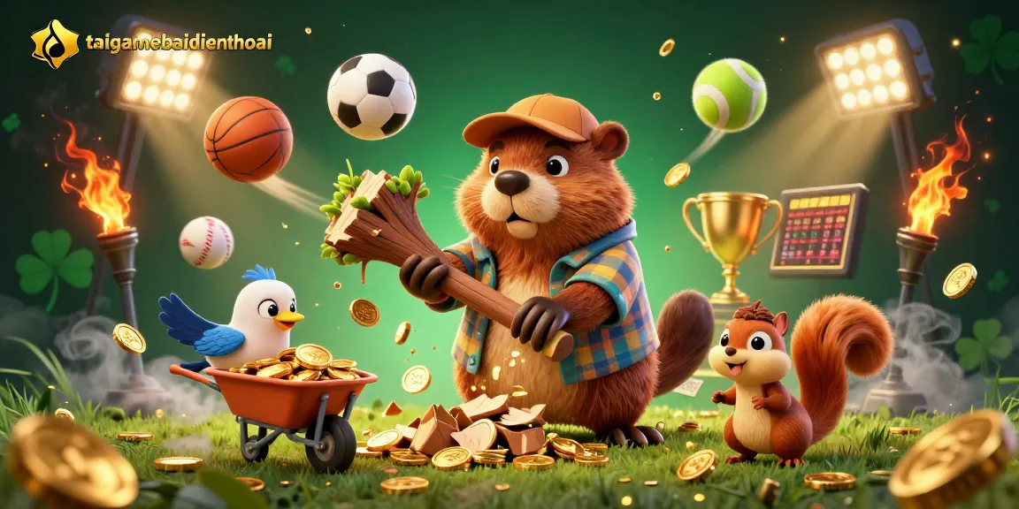 Join the fun with taigamebaidienthoai as a beaver chops a tree raining coins in this vibrant casino scene.