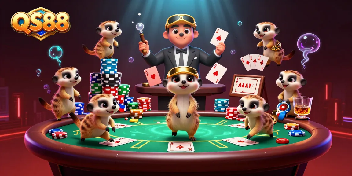 Experience a vibrant QS88 casino scene with meerkats engaging in a lively poker game amidst colorful chips.