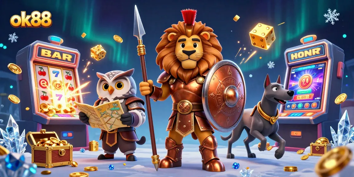 Experience excitement at ok88 with a thrilling 3D casino scene featuring characters and jackpot wins.
