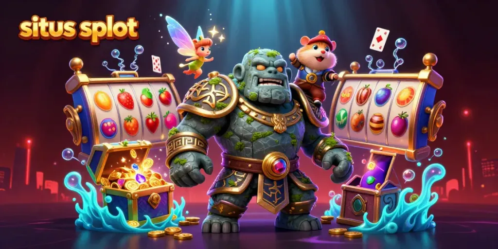 Putaran slot situs slot dipenuhi dengan harta karun, golem dan penyihir kecil bersinar beraksi.