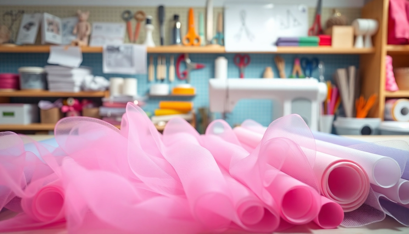 Maak prachtige creaties met tule voor tutu, kleurrijke tulle rollen op een naaitafel.