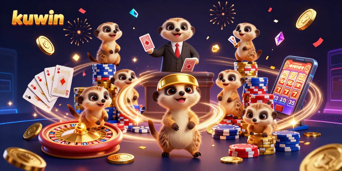 Kuwin slots and live casino experience illustrated with meerkats running a lively operation featuring exciting gaming elements.