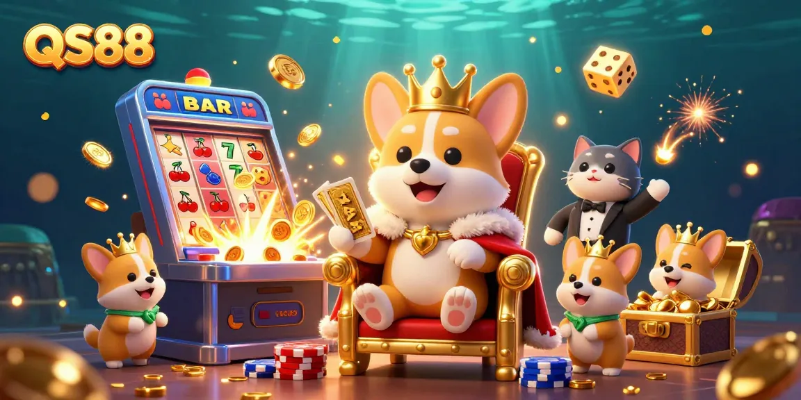 Experience the excitement of QS88's vibrant casino world with a royal corgi above a jackpot!
