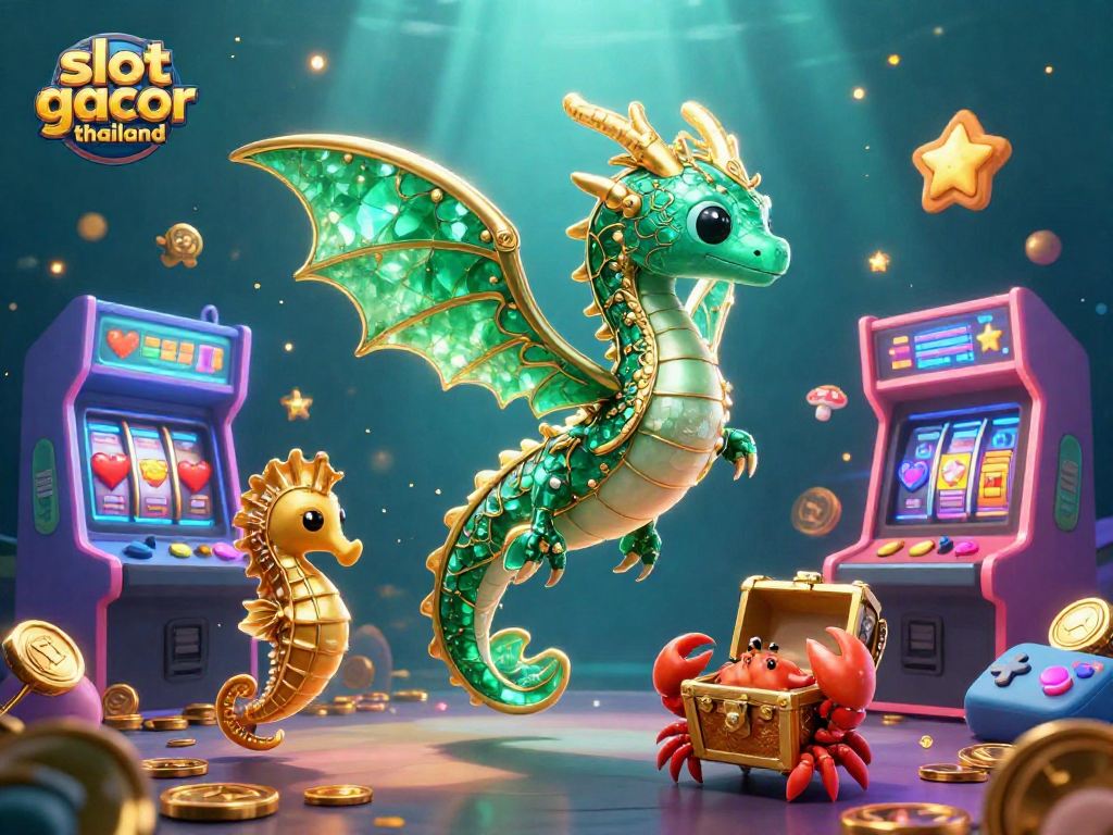 Engage with slot gacor thailand in this vibrant 3D illustration featuring a sea dragon, gaming machines, and treasure.