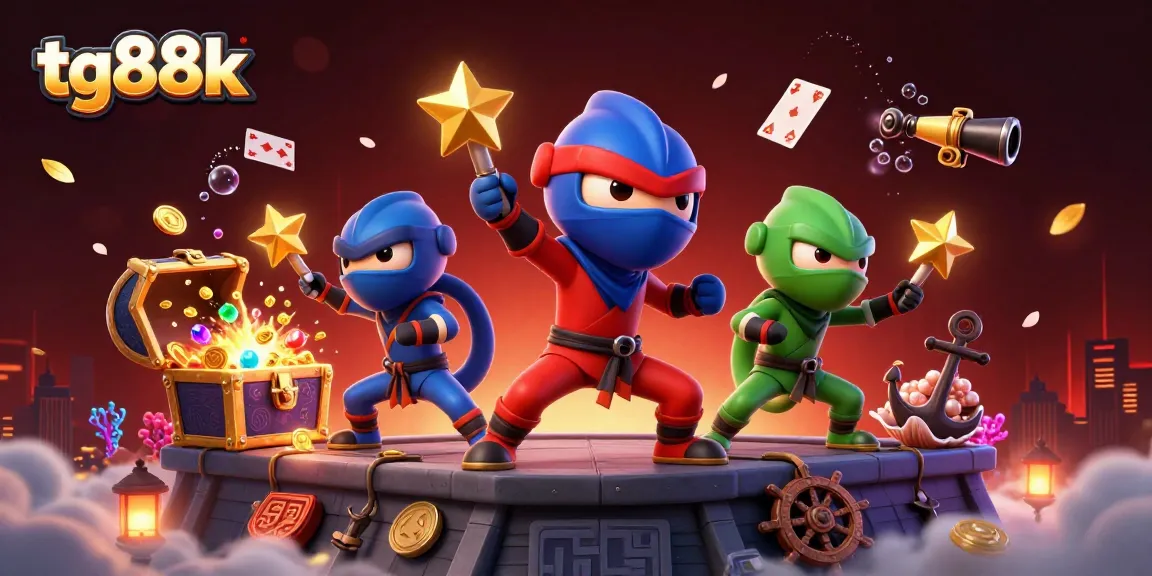 Experience thrilling gameplay with tg88k, featuring colorful chameleon ninjas in a vibrant casino scene.