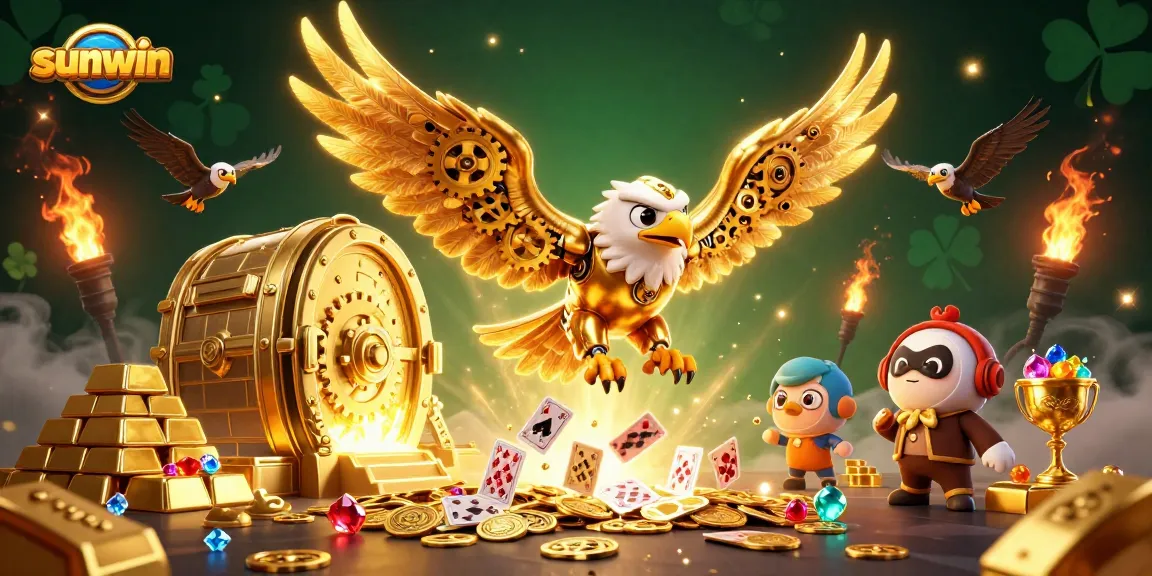 Engage with sunwin casino's vibrant experience as a golden eagle dives through joyfully scattered playing cards.
