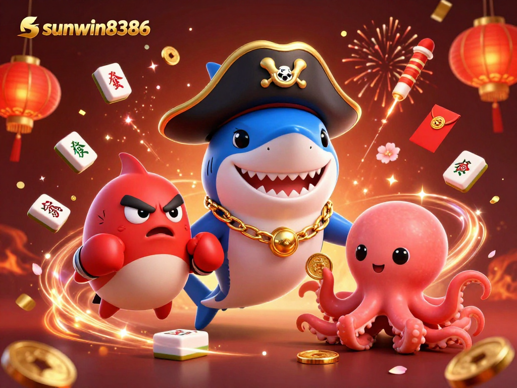 Experience sunwin8386's thrilling journey as cartoon characters celebrate wins with casino elements.