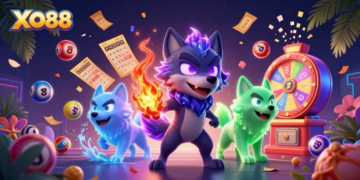 Experience the excitement of XO88 with packed lottery balls, ghostly wolves, and vibrant game elements.