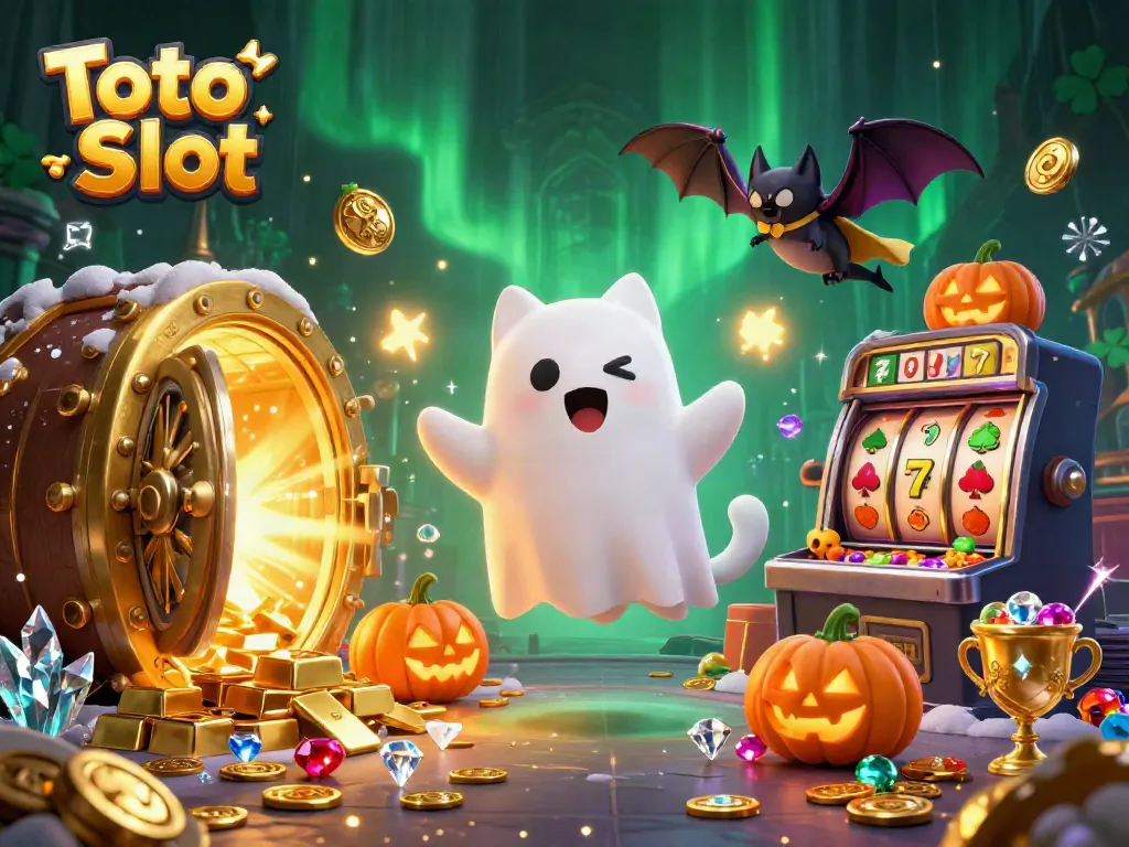 Slot Toto yang menarik ditampilkan di kasino berhantu oleh kucing hantu dan kelelawar vampir.