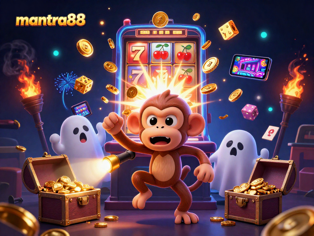 Experience thrilling gameplay at mantra88 with a captivating 3D casino scene featuring a poltergeist monkey and ghost-hunter puppy.