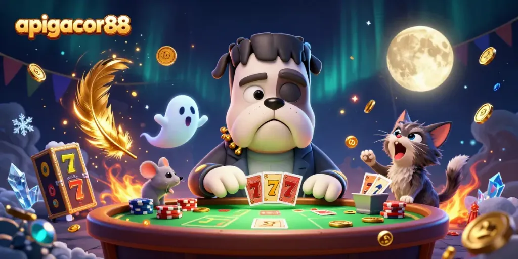 Engage in thrilling gameplay at apigacor88 with a lively scene featuring unique cartoon characters and vibrant casino elements.