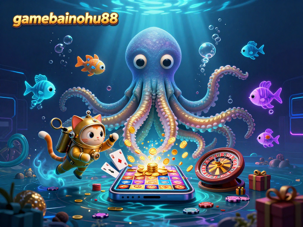 Play exciting slot games with gamebainohu88 amidst glowing treasure and a diving cat.