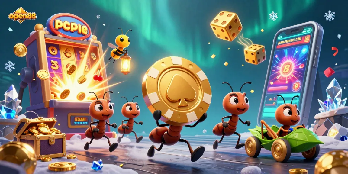 Join the heist at open88 with ants carrying a golden poker chip amid casino chaos.