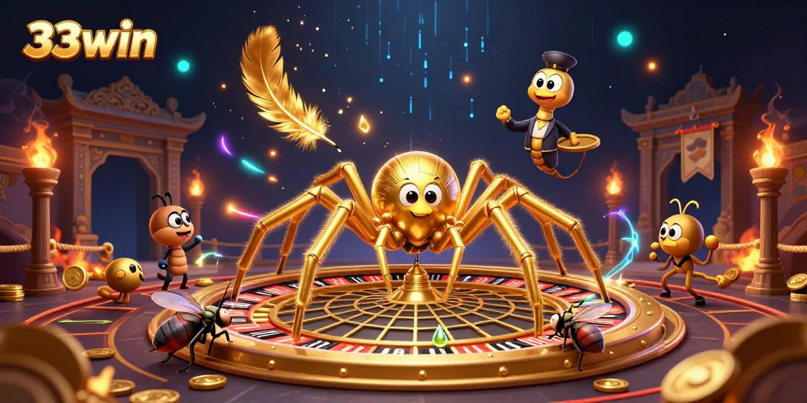 Engage with 33win as the golden spider spins a roulette wheel web in a vibrant casino scene.