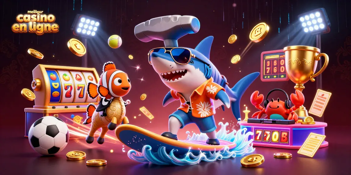 Jouez au meilleur casino en ligne avec une scène dynamique illustrant un requin surfeur et des éléments de machines à sous.