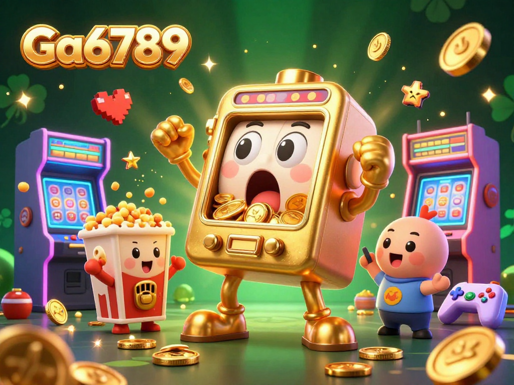 Ga6789 slot machine hitting a jackpot with coins spilling out, vibrant casino scene.