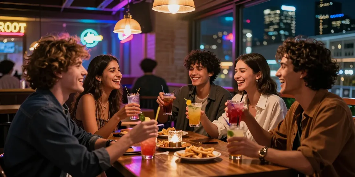 Nhóm bạn trẻ đang tận hưởng tối sống động tại quán bar, biểu trưng cho gái gọi trong không khí vui vẻ.