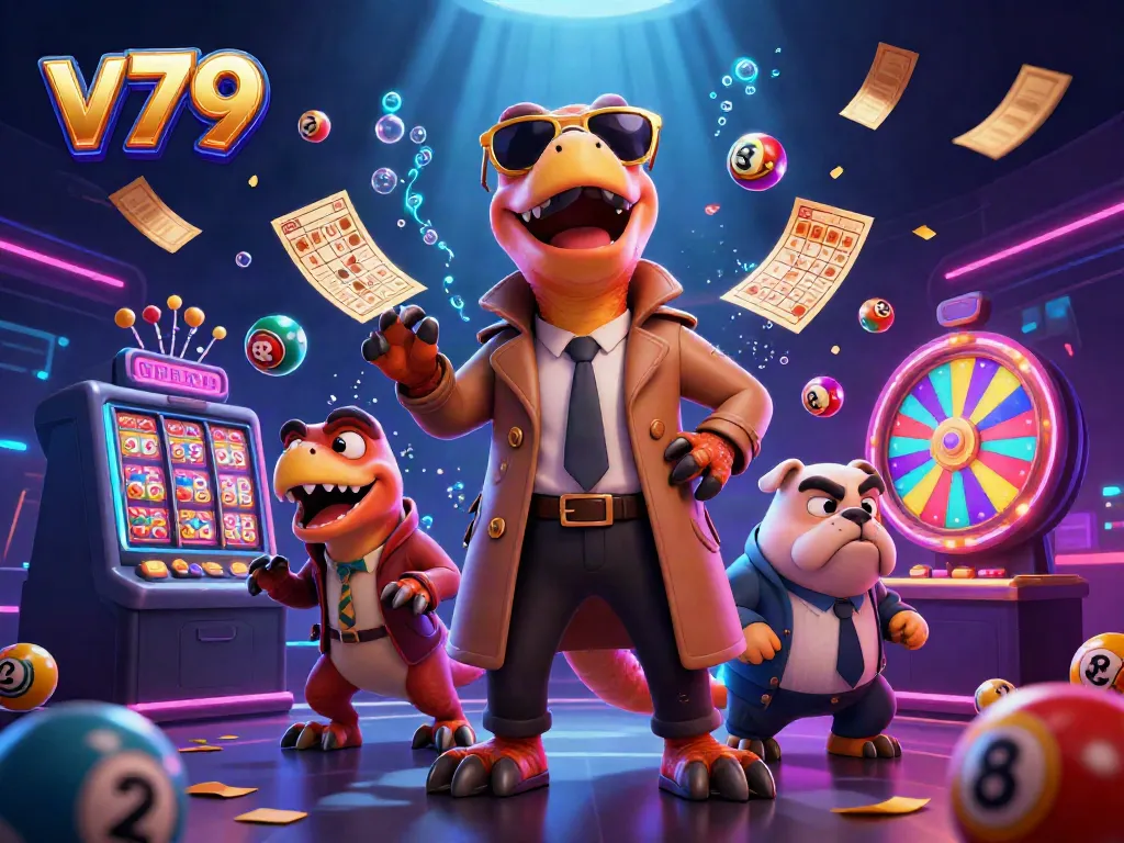 Experience high-stakes gaming with v79 as cartoon raptors attempt to enter a VIP lounge surrounded by colorful lottery elements.