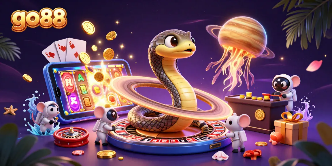 Engage with go 88's cosmic casino scene featuring a roulette snake and betting mice.