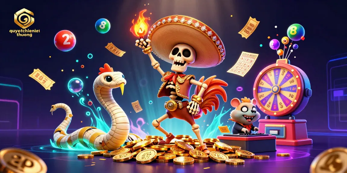 Win big in quyetchientienthuong as a vibrant skeleton mariachi dances amidst exciting lottery elements.
