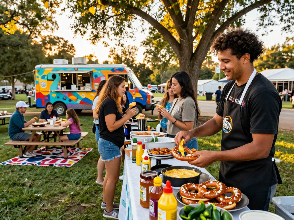 The best pretzel with cheese dip near me served at a vibrant food truck in the park.
