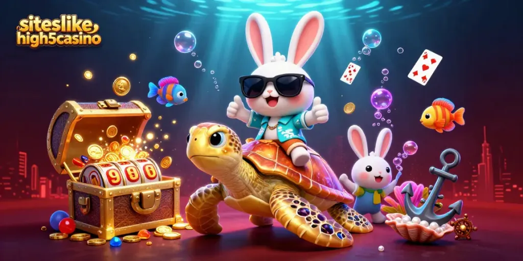 Play slots and win with siteslikehigh5casino, depicted by a lucky rabbit on a sea turtle.