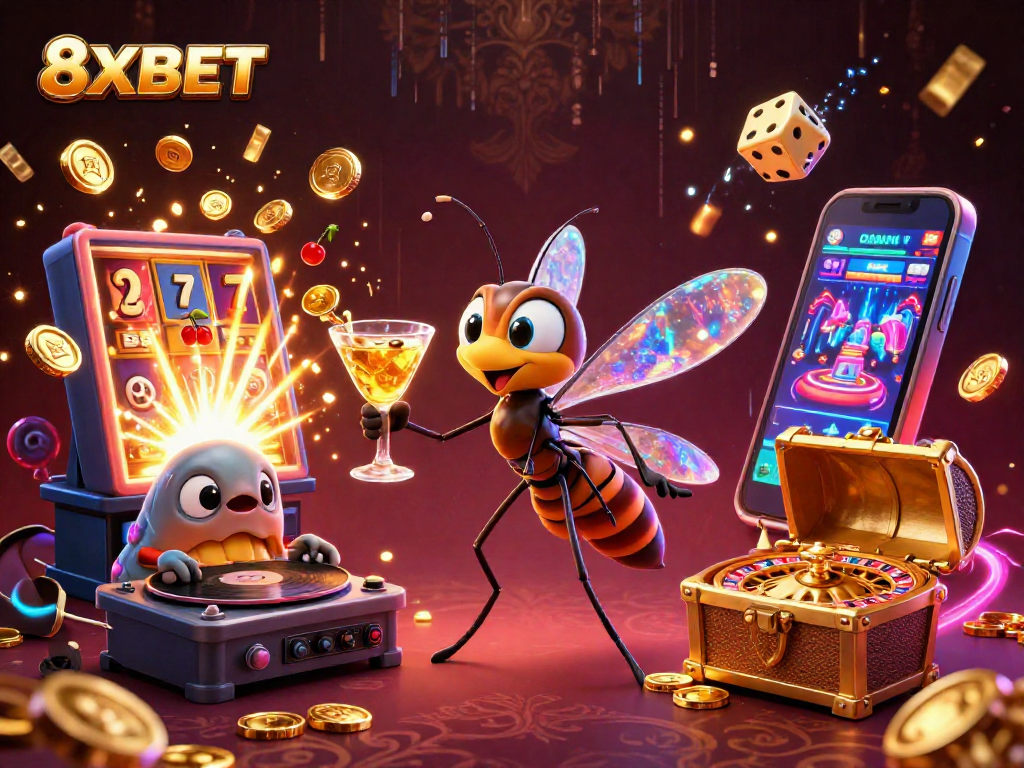 Experience the vibrant world of 8XBET, where a mosquito mascot and trilobite DJ create a casino atmosphere.