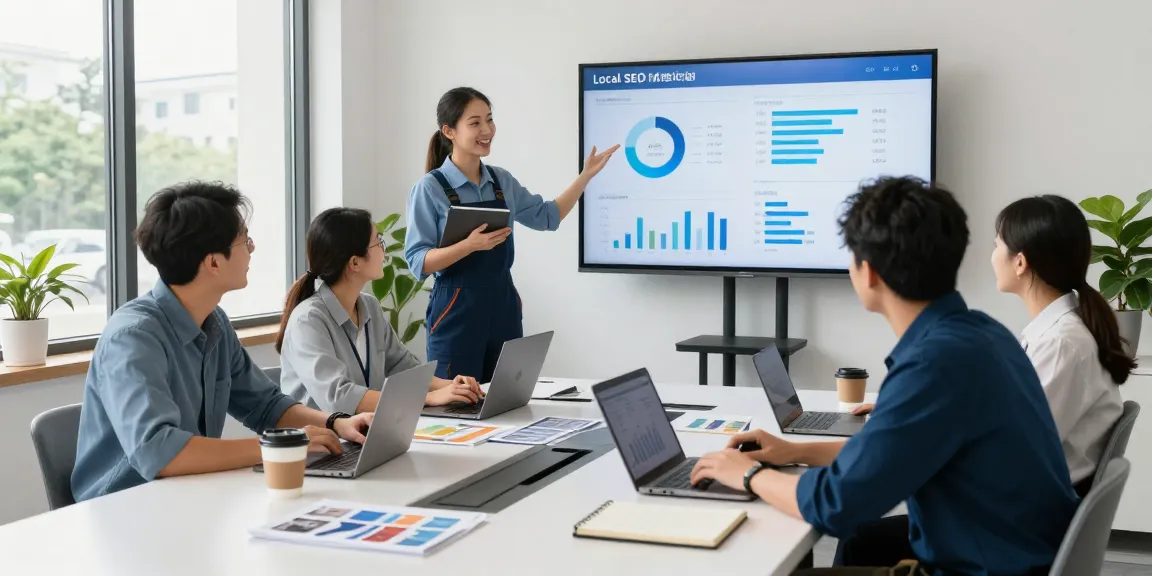 Local SEO for contractors in a collaborative marketing space with contractors discussing strategies.