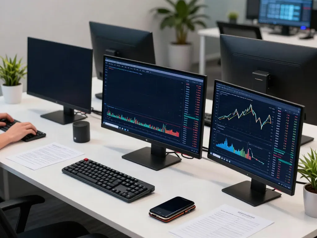 BSE stock data API analysis in modern trading workspace with multiple monitors displaying real-time market data and crypto interfaces.