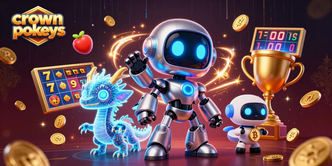 Spin crown pokies with a vibrant 3D illustration featuring a cyberpunk robot and digital dragon.