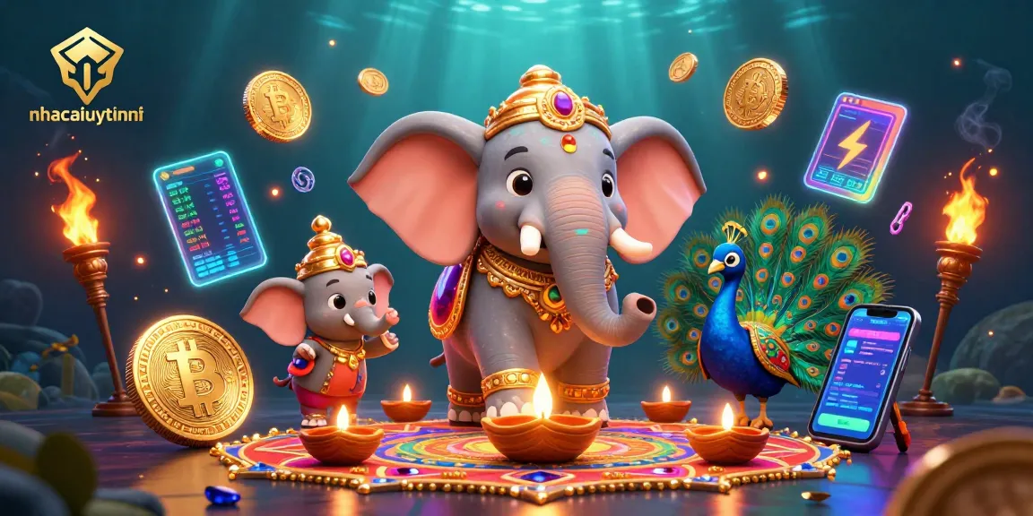 Experience vibrant casino action with nhacaiuytinne's colorful Diwali-themed illustration featuring crypto elements and festive decor.
