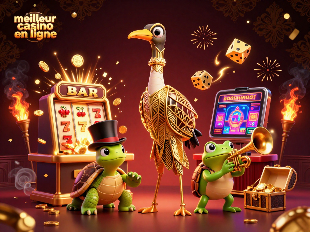Jouez au meilleur casino en ligne dans une scène animée avec des éléments de jackpot et des personnages colorés.