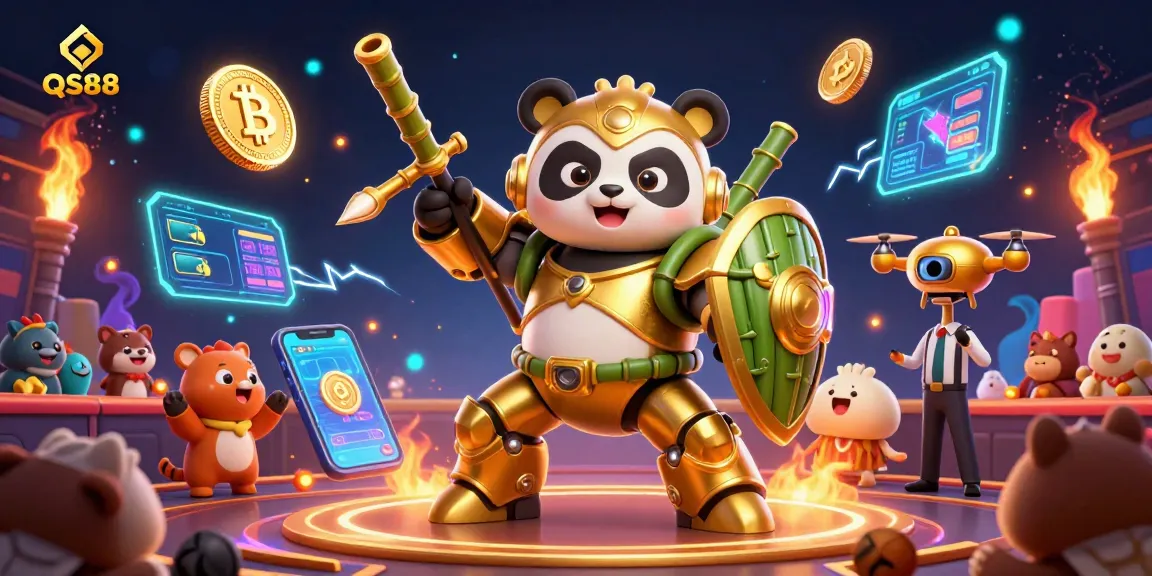 Engage with QS88 in a thrilling casino arena led by a mech-suit panda, surrounded by crypto excitement.
