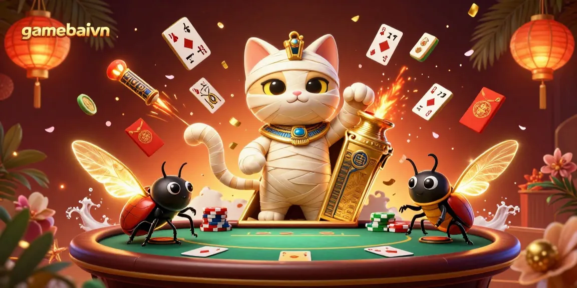 Engage in poker gameplay at gamebaivn with vibrant Egyptian-themed elements and rich casino imagery.