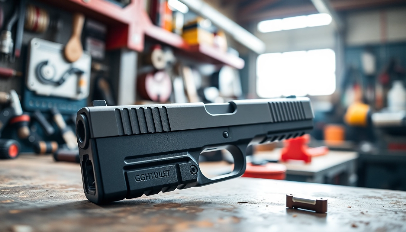 Shop the glock 17 slide for sale showcasing precision craftsmanship in an industrial setting.