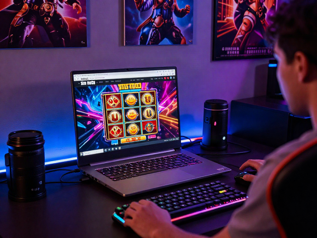 Engaging online gaming setup featuring situs toto, vibrant screen, and gaming peripherals.